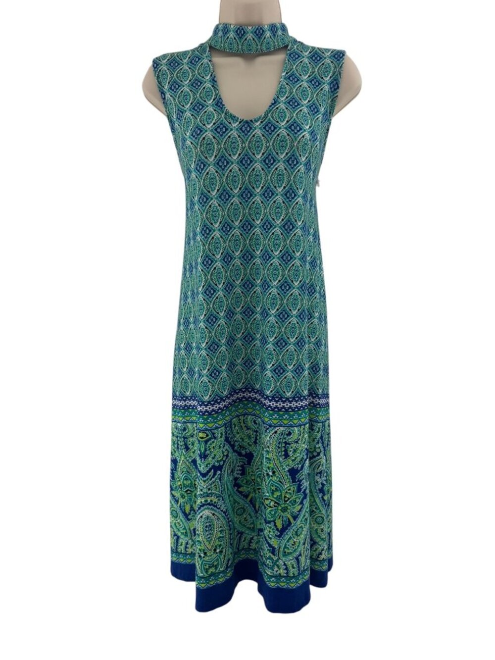 JPR Blue Green Paisley Geometric Choker Keyhole Sleeveless Knit Dress XL Stretch